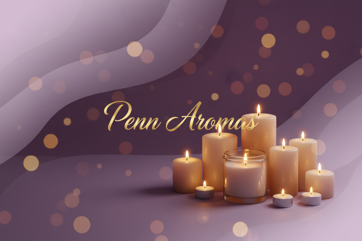 background with the words Penn Aromas in it and candles around