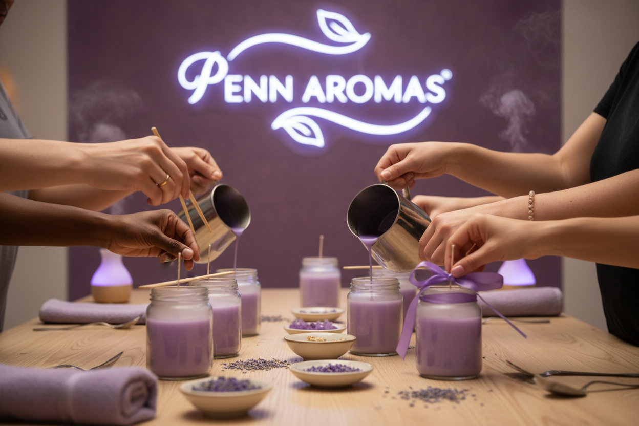 candle making class showing multi cultural hands only and Penn Aromas sign in the background purple